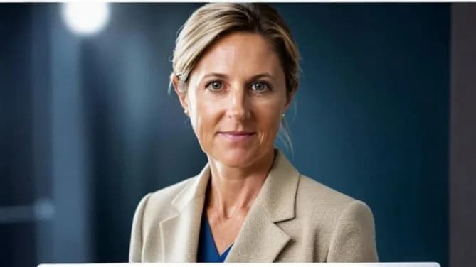 Svetlana is standing inside an office, in a tan jacket, smiling. 